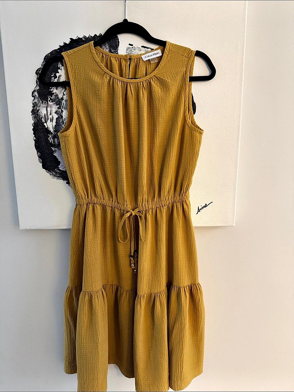 Calvin Klein Textured Tiered Mini Dress in Mustard Yellow Size 4 Like New